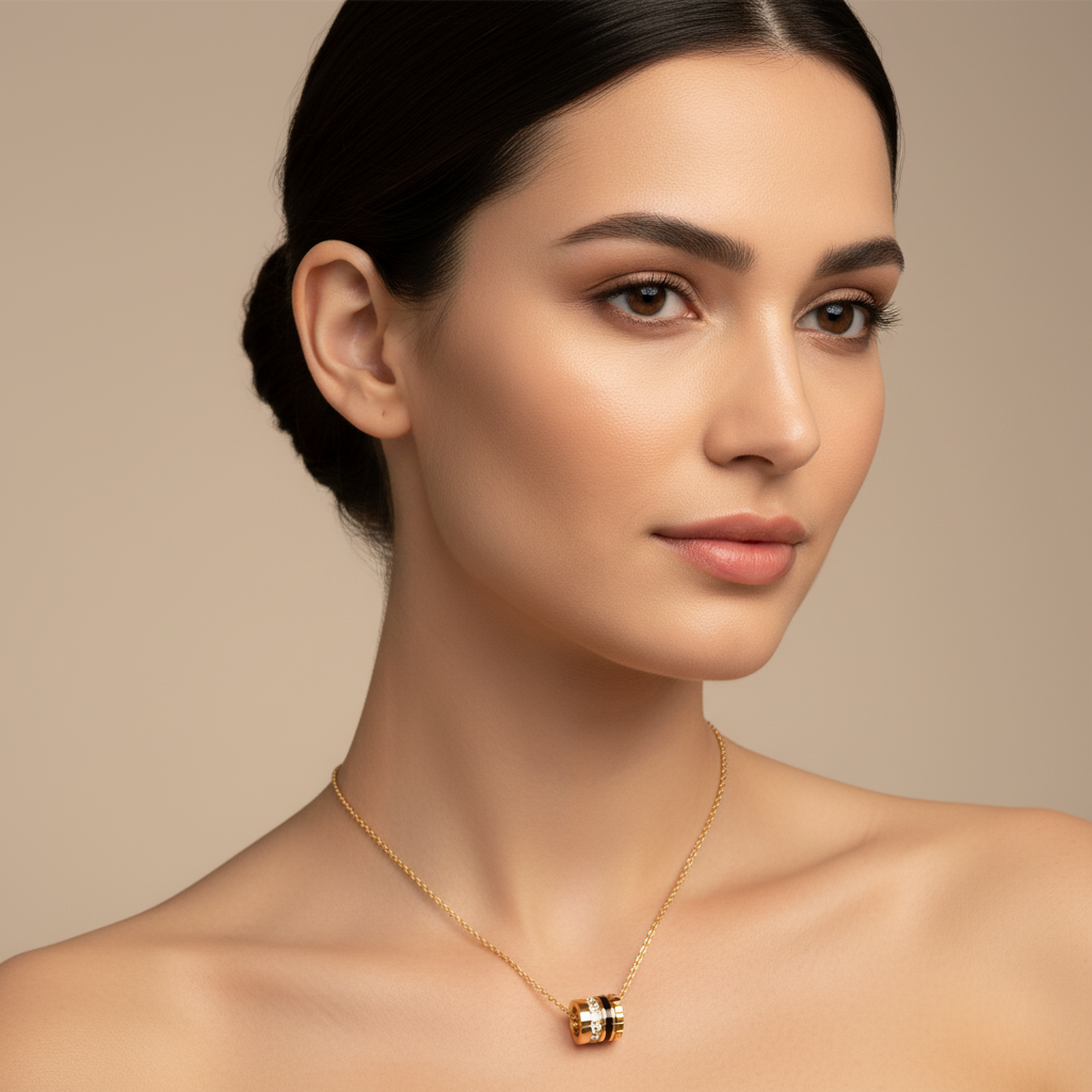 Pav Diamond And Black Enamel Barrel Pendant Necklace - Five