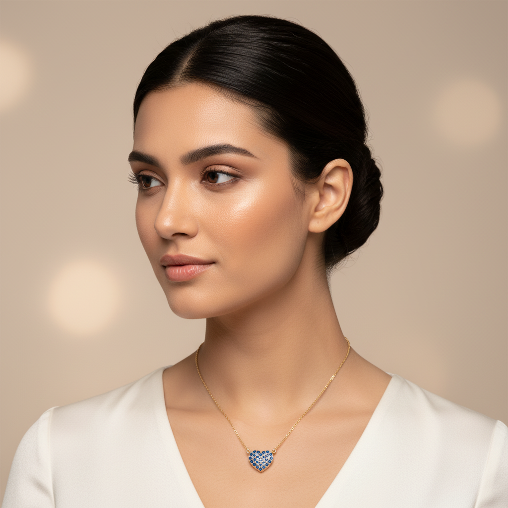 Blue Crystal Pav Heart Pendant Necklace - Five