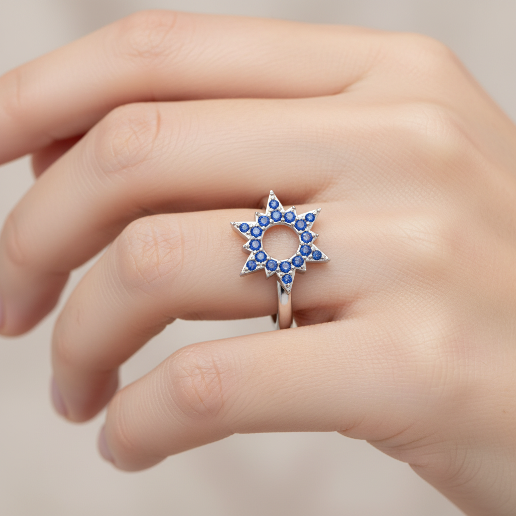 Blue Sapphire Starburst Halo Ring - Eight