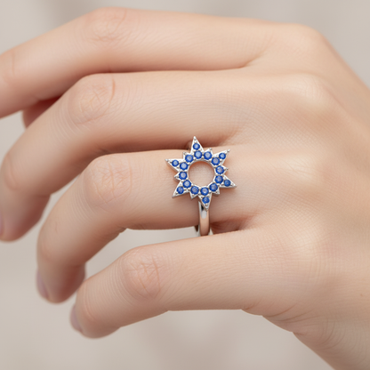 Blue Sapphire Starburst Halo Ring - Eight