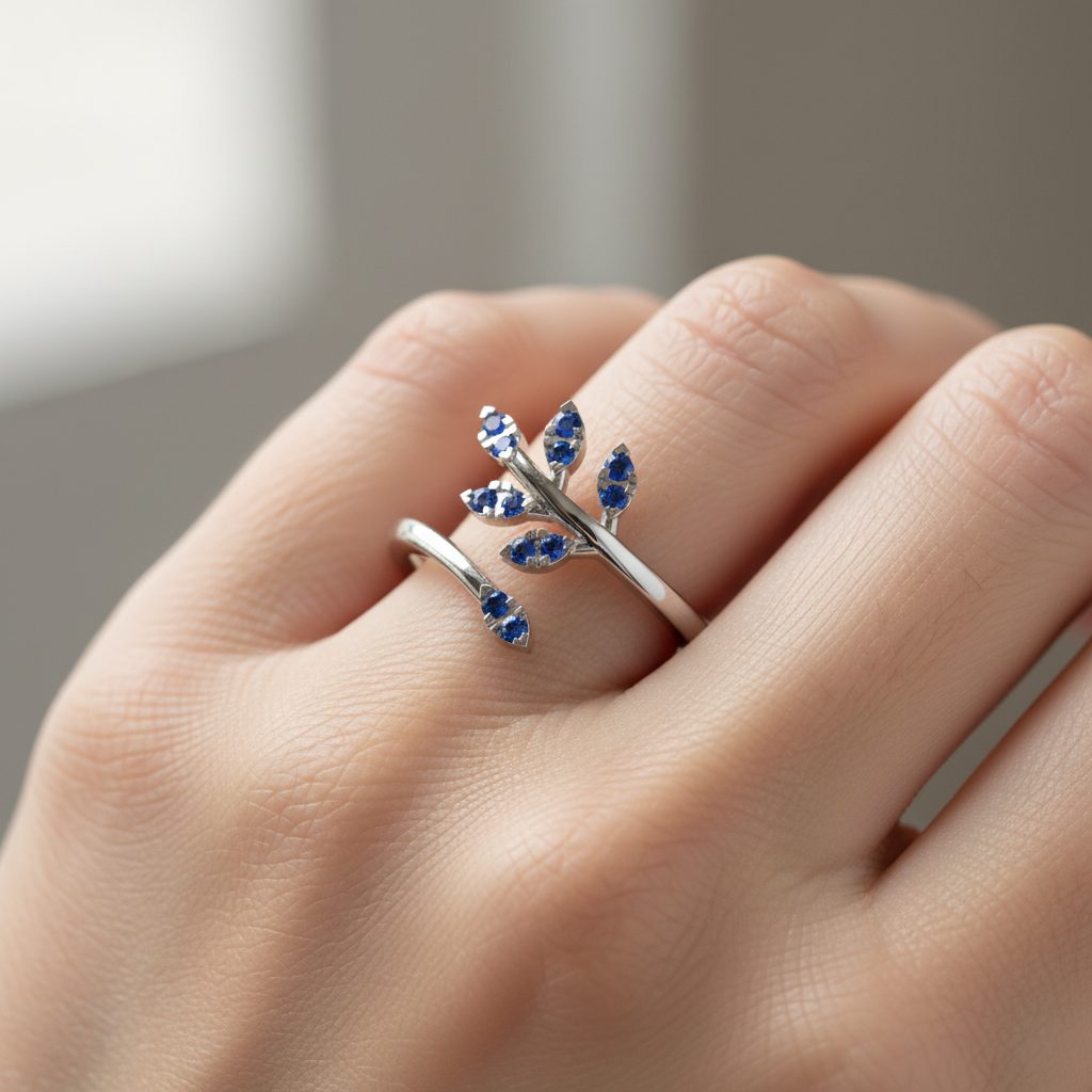 Blue Sapphire Leaf Vine Bypass Ring - Eight