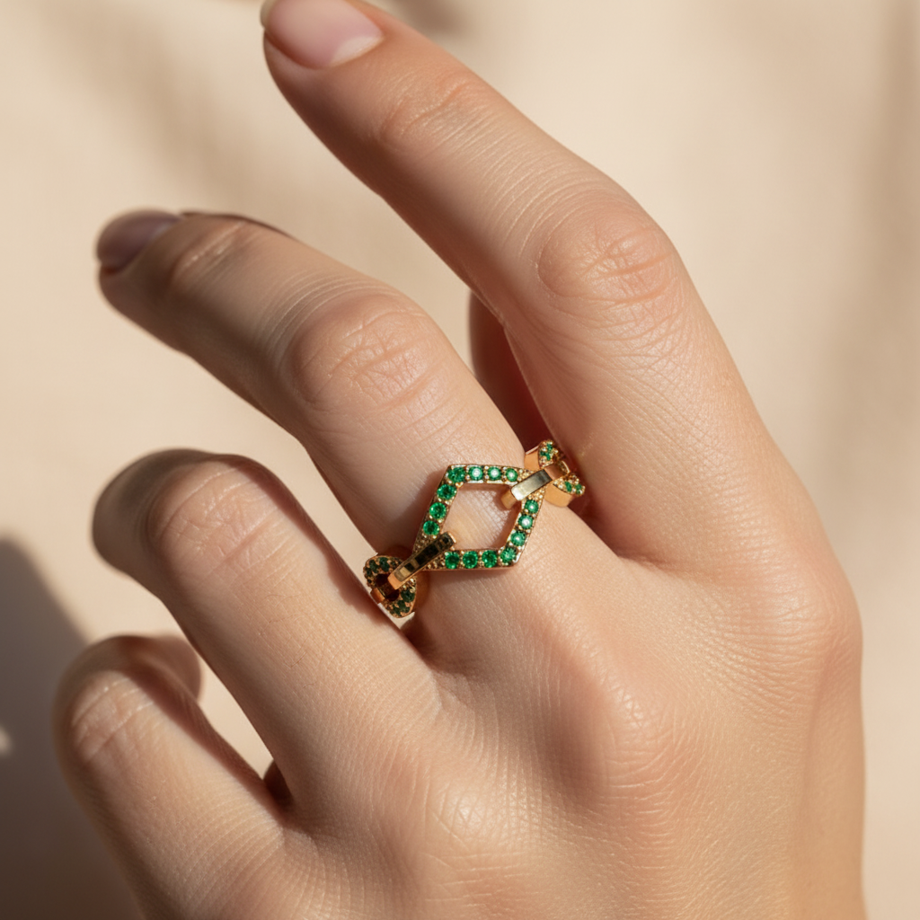 Luxury Emerald Chevron Ring | Yellow Gold Double V Chain Link Bold Design | Jebij - Two