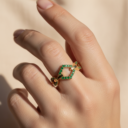 Luxury Emerald Chevron Ring | Yellow Gold Double V Chain Link Bold Design | Jebij - Two