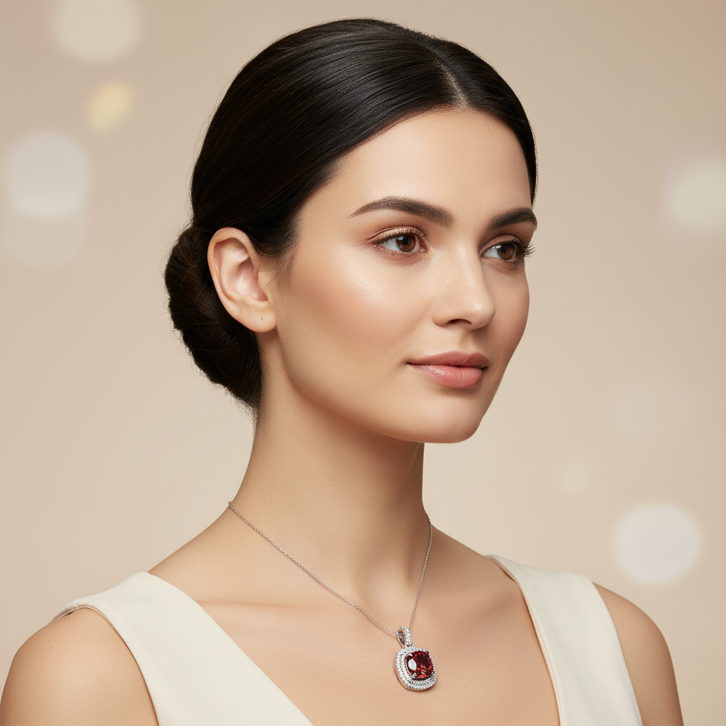 925 Sterling Silver Red Cushion Cut Moissanite Double Halo Pendant Necklace For Women - Four