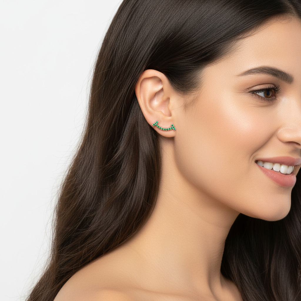 Curved Bar Stud Earrings With Green Stones - Five