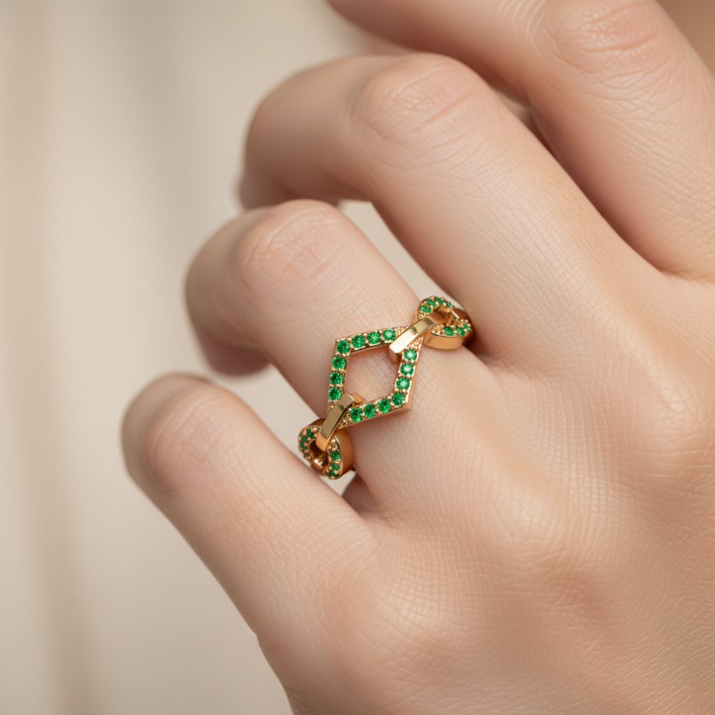 Luxury Emerald Chevron Ring | Yellow Gold Double V Chain Link Bold Design | Jebij - Eight