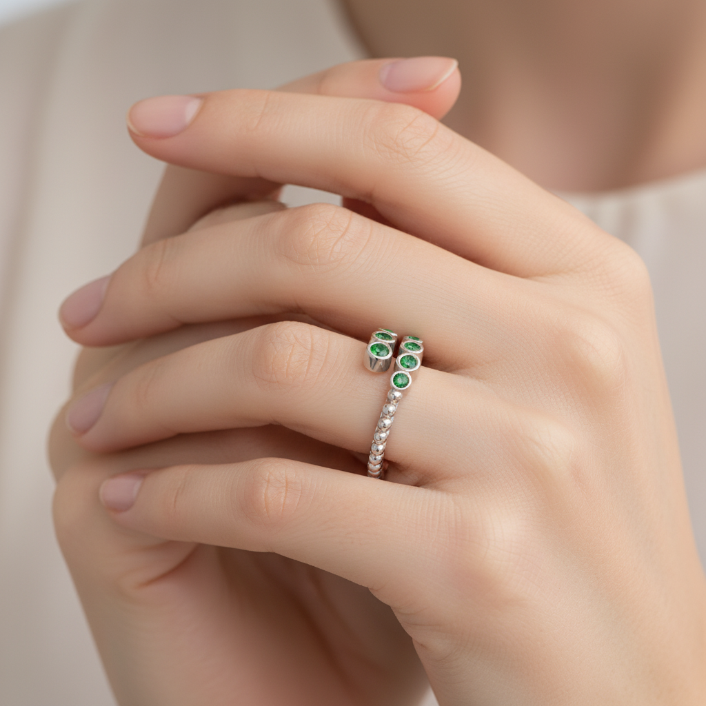 Beaded Open Wrap Ring With Green Emerald Stones - Eight