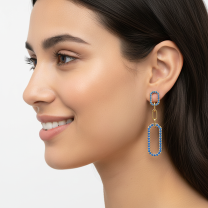 Blue Lab Grown Gemstone Link Drop Earrings  Pave Oval Chain Statement Dangle Design - Five