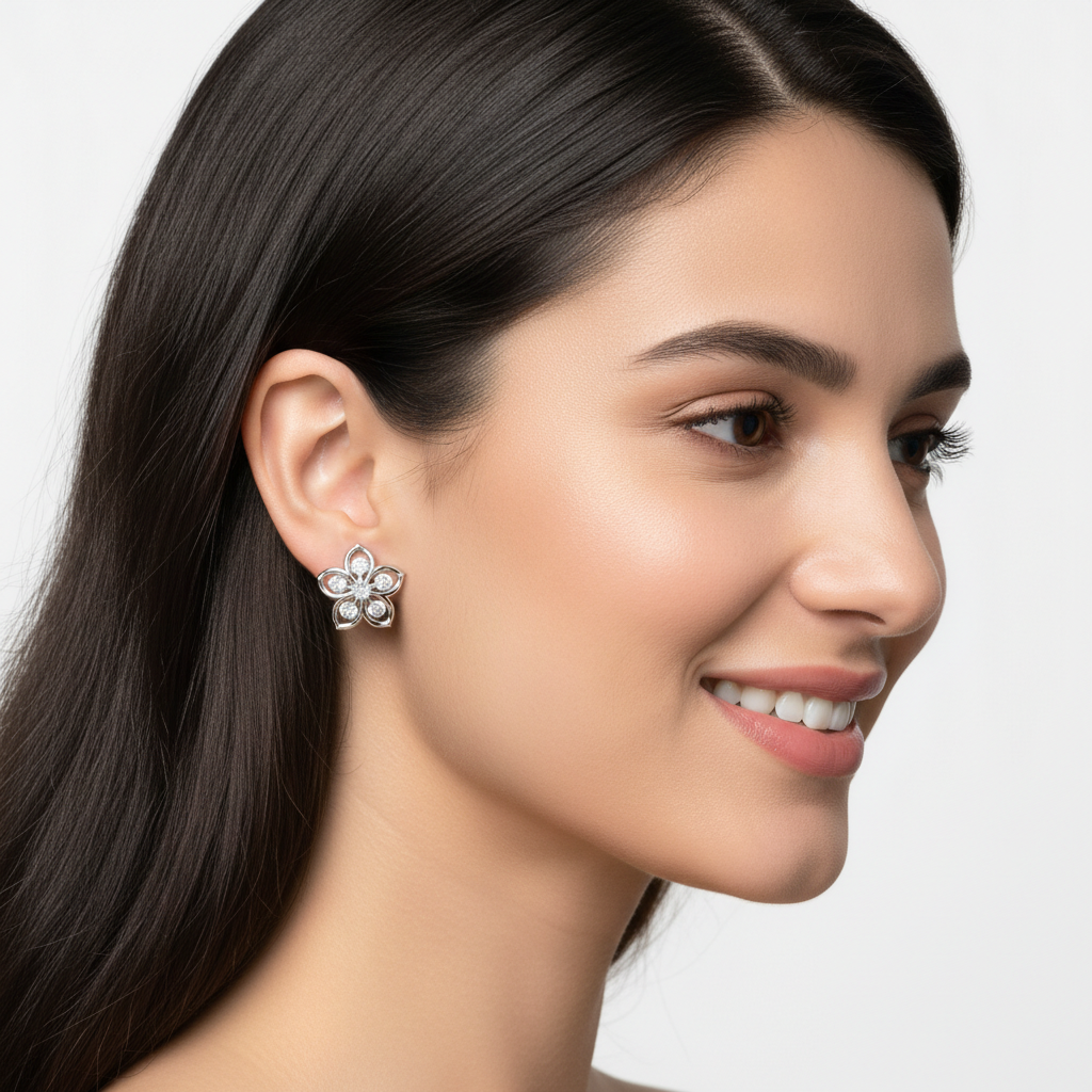 Diamond Flower Stud Modern Earrings In White Gold - Two
