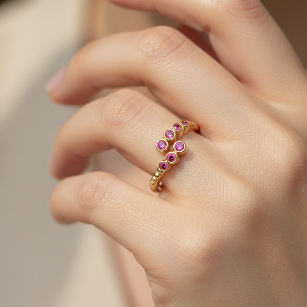 Pink Tourmaline Beaded Bypass Ring With Bezel Set Stones - Eight