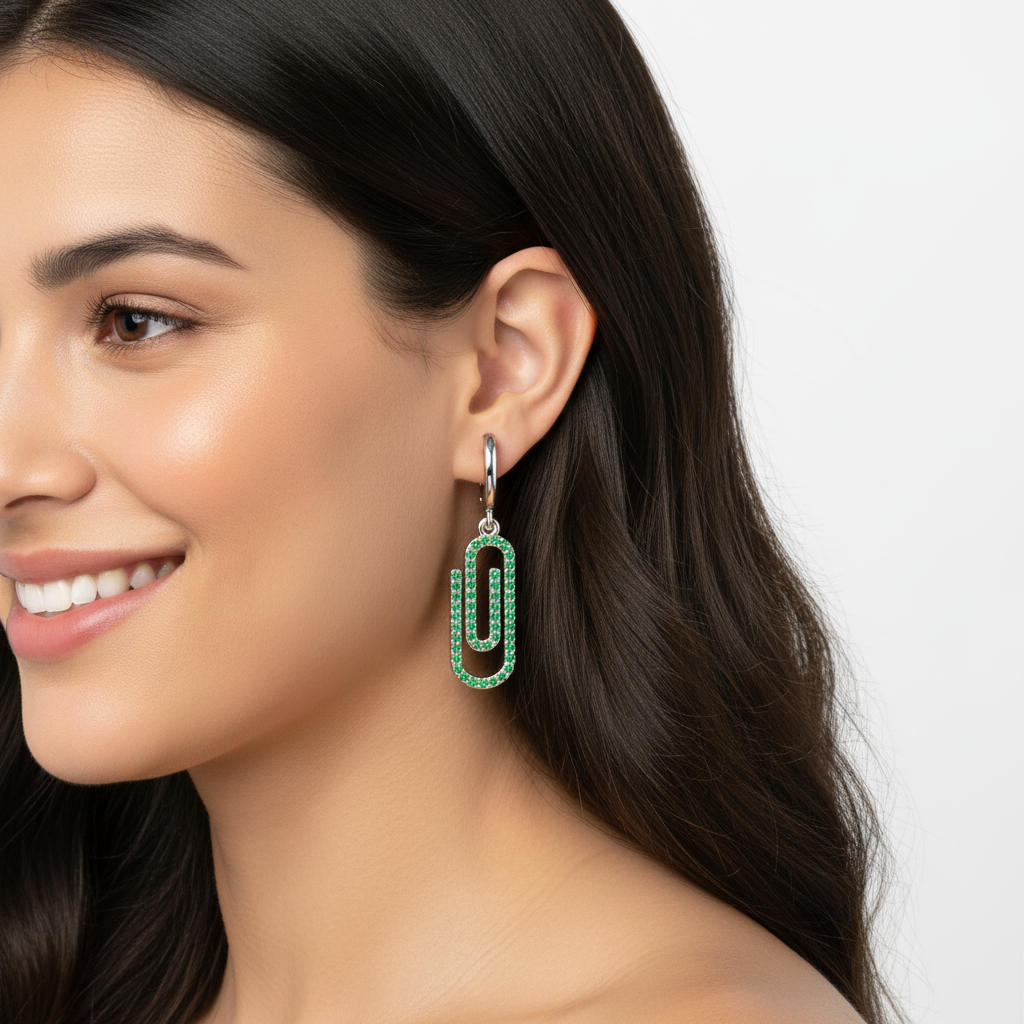 Emerald Paperclip Link Huggie Hoop Earrings - Five