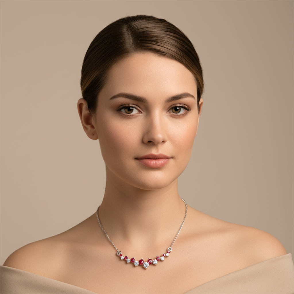 Red Gemstone And Diamond Curved Bar Necklace 14K Gold - Five