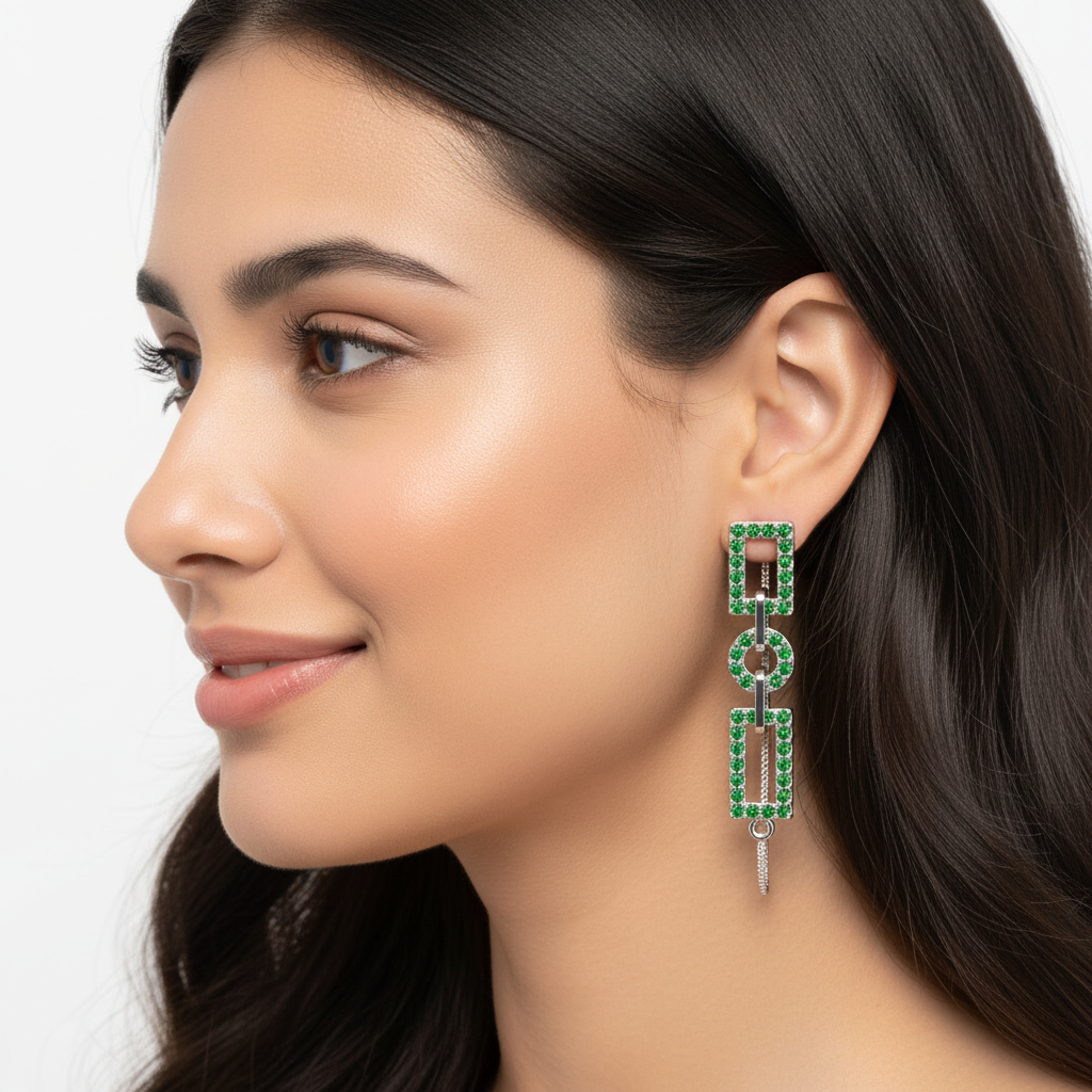 Geometric Green Gemstone Chain Link Drop Earrings - Five