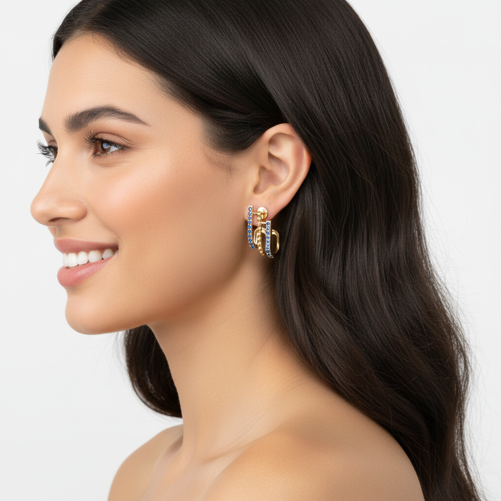 Blue Sapphire Multirow Curved Bar Stud Earrings - Five