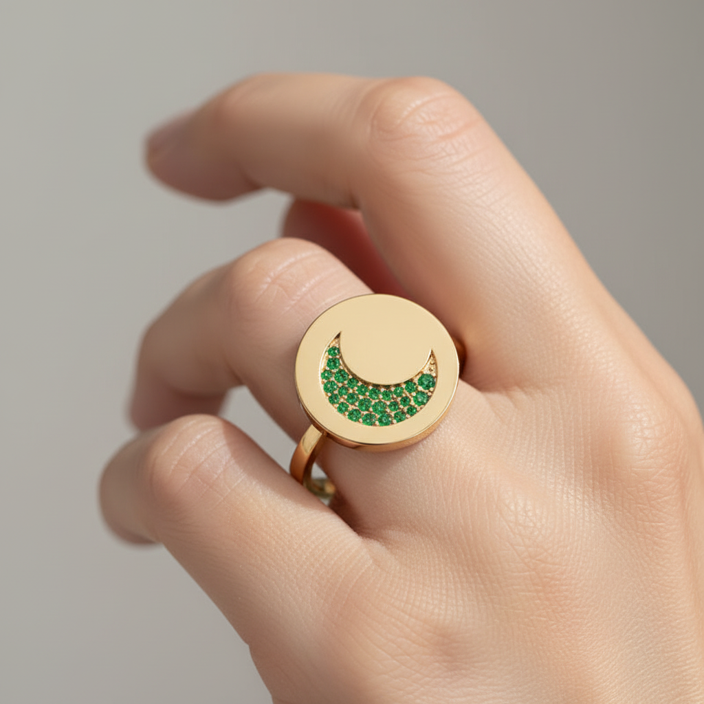 Emerald Crescent Moon Disc Ring - Eight