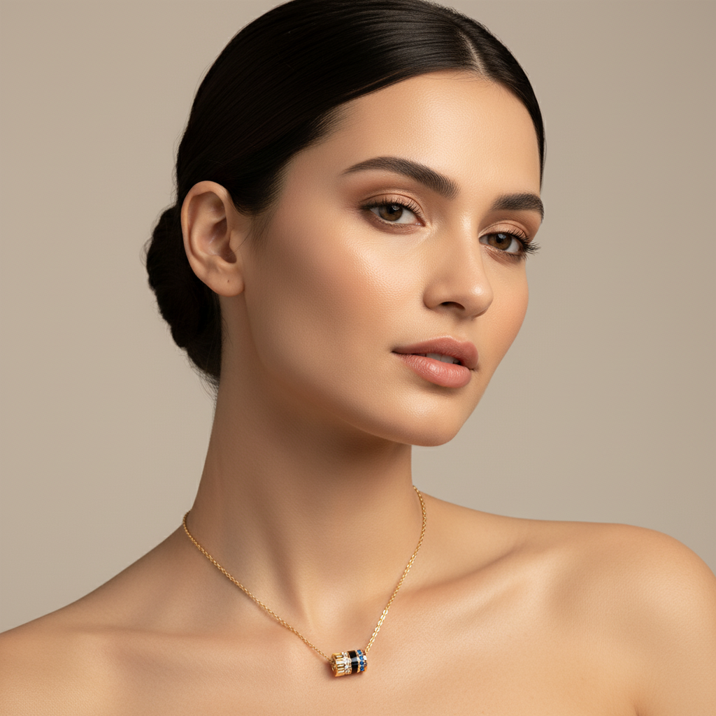 Diamond & Blue Sapphire Barrel Pendant Necklace With Black Enamel In White Gold | Modern Cylindrical Design | Jebij - Five