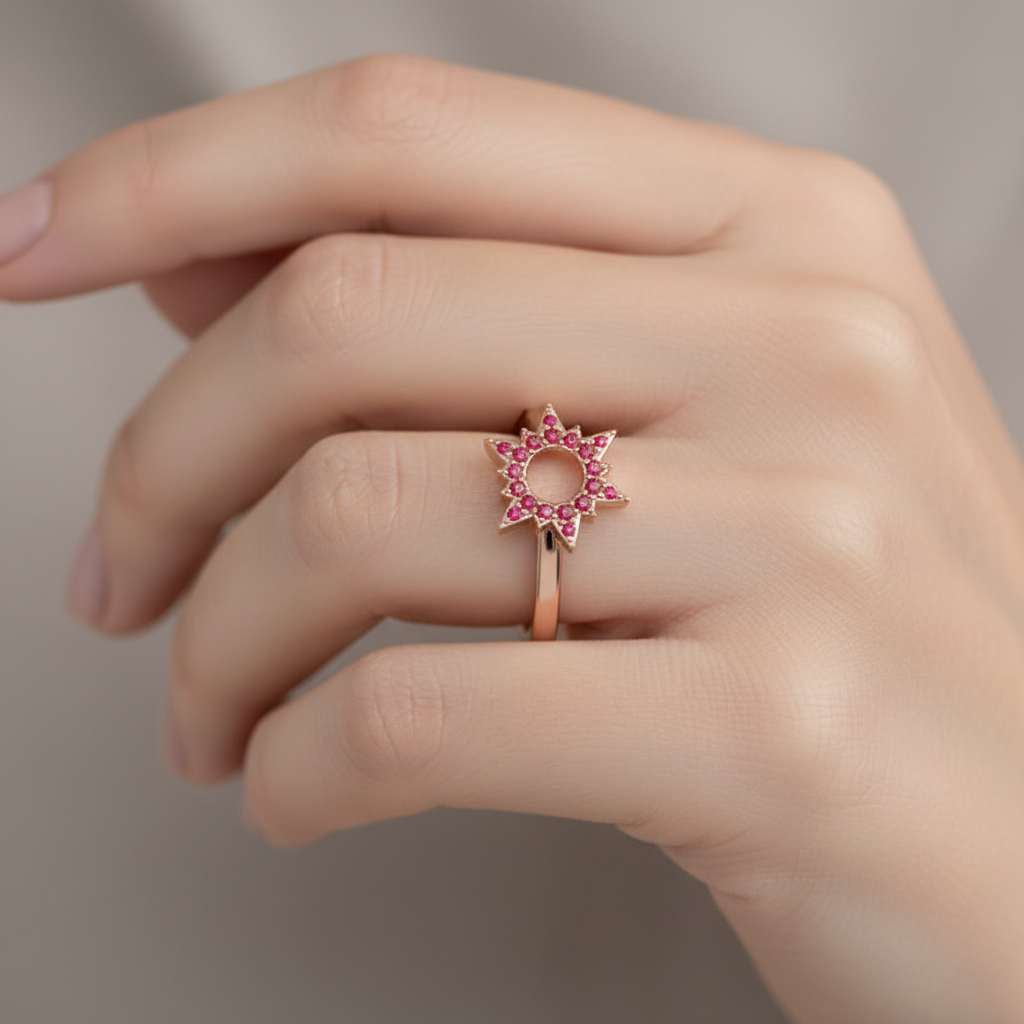 Ruby Starburst Halo Ring With Open Center Design - Eight