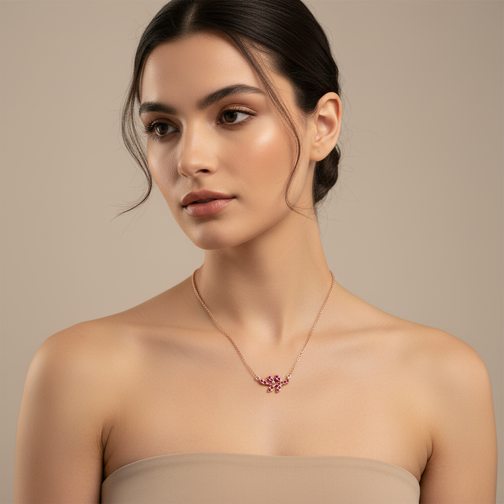 Garnet Leaf Branch Pendant Necklace With Rose Tone Chain - Five