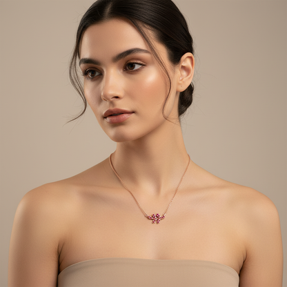 Garnet Leaf Branch Pendant Necklace With Rose Tone Chain - Five