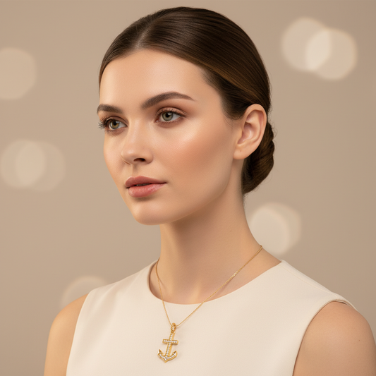 Diamond Anchor Pendant Necklace in White Gold