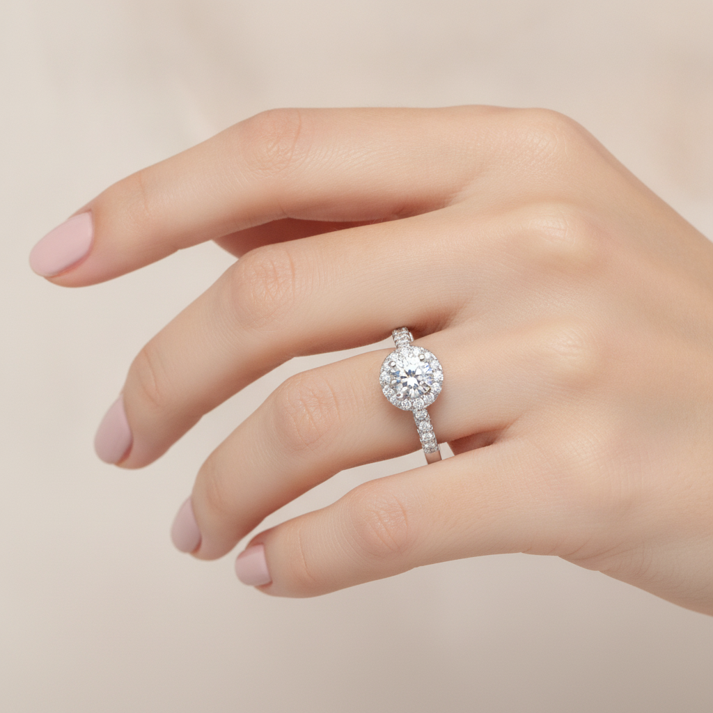 Gleeful Halo Diamond Ring In 925 Sterling Silver - Fourteen
