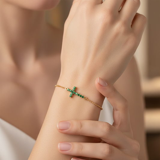 Green Crystal Cross Bracelet With Chain Link Design - Two