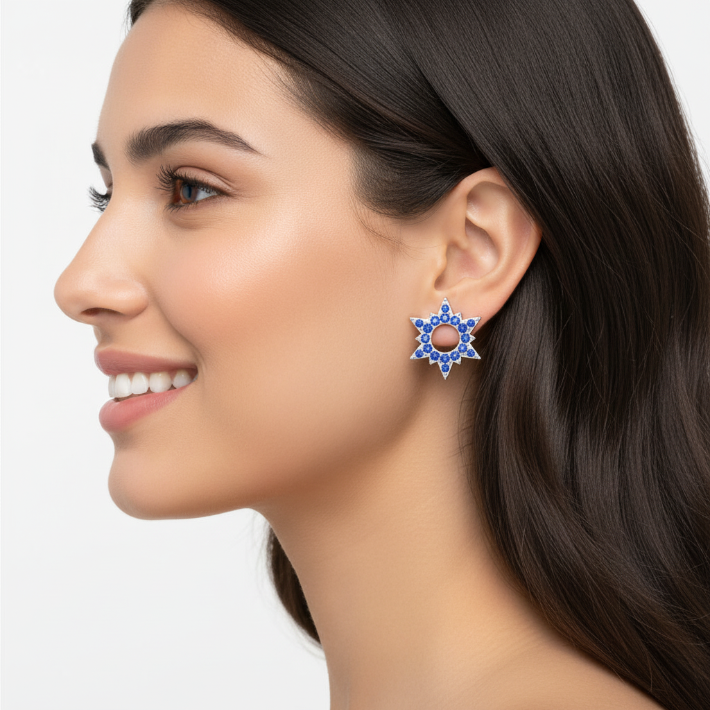 Blue Sapphire Star Of David Stud Earrings With Diamond Accents - Two