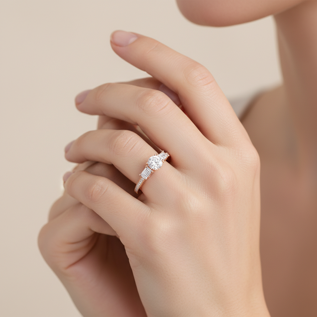 Rose Gold Three Stone Diamond Engagement Ring With Baguette Side Stones - Two