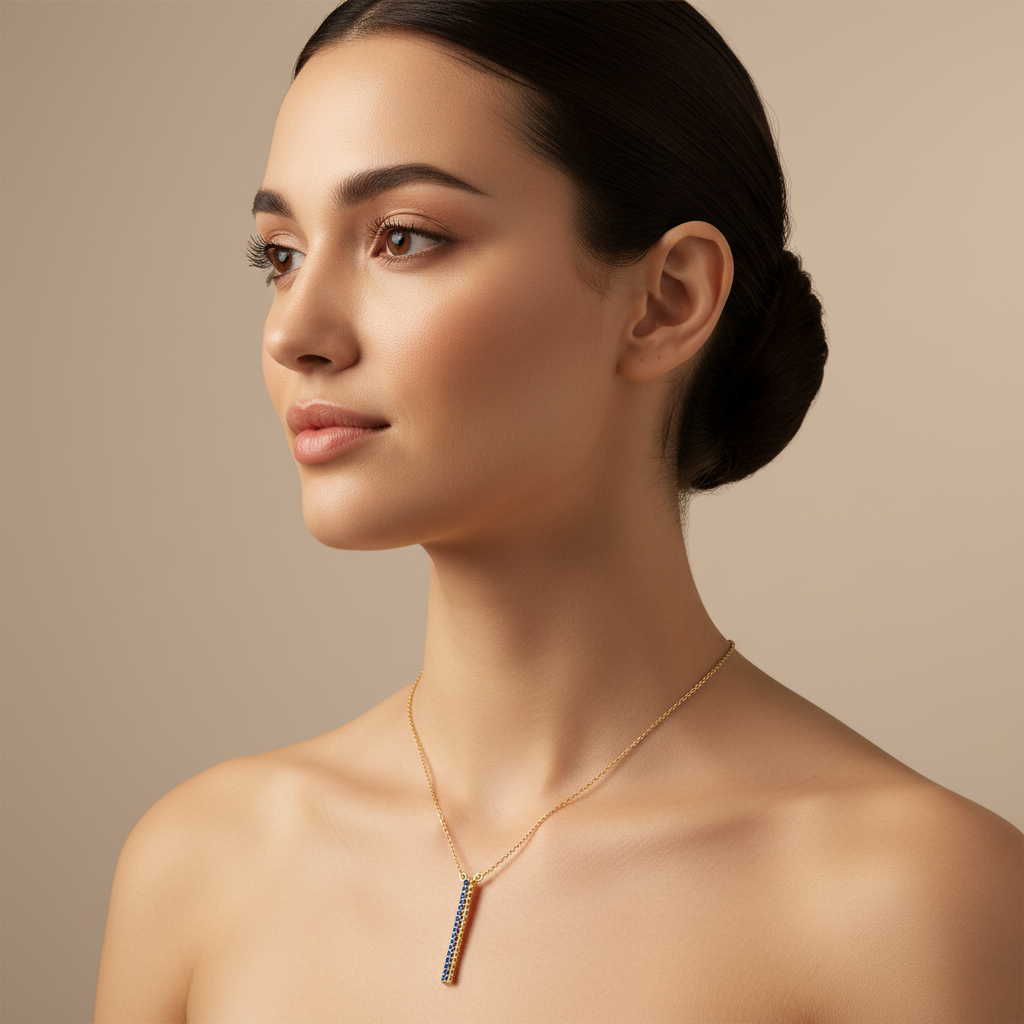 Blue Sapphire Vertical Bar Pendant Necklace - Two