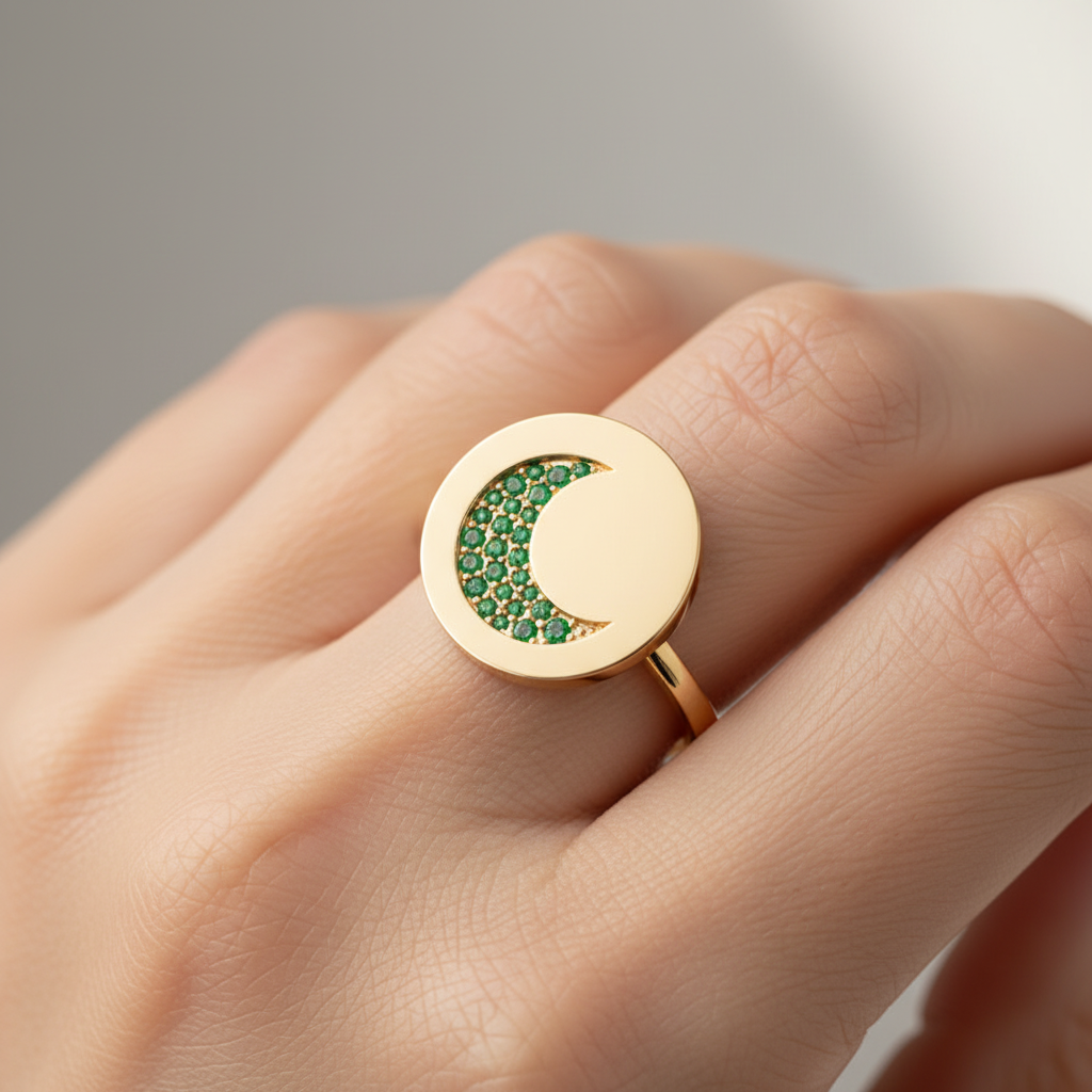 Emerald Crescent Moon Disc Ring - Two