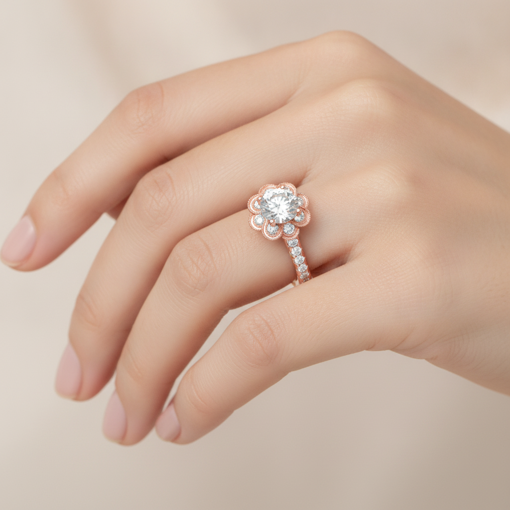 Flower Shaped Gold & Diamond Ring In 925 Sterling Silver - Fourteen