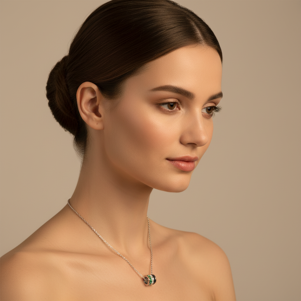 Emerald And Diamond Barrel Pendant Necklace With Black Enamel Accent - Two