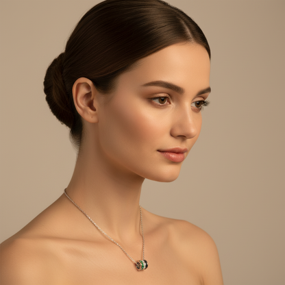 Emerald And Diamond Barrel Pendant Necklace With Black Enamel Accent - Two