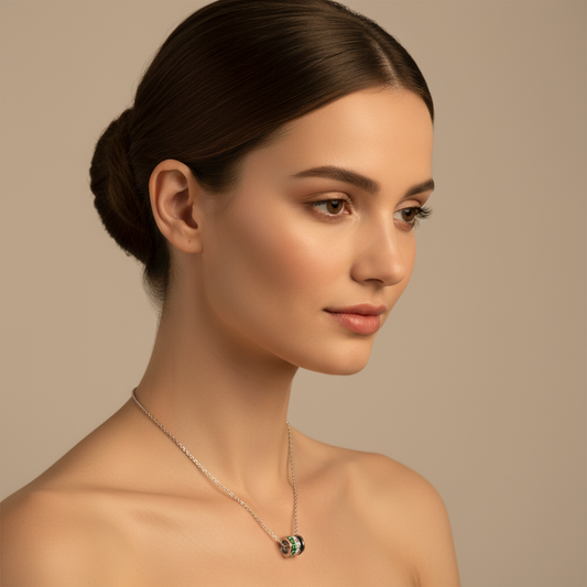 Emerald And Diamond Barrel Pendant Necklace With Black Enamel Accent - Two