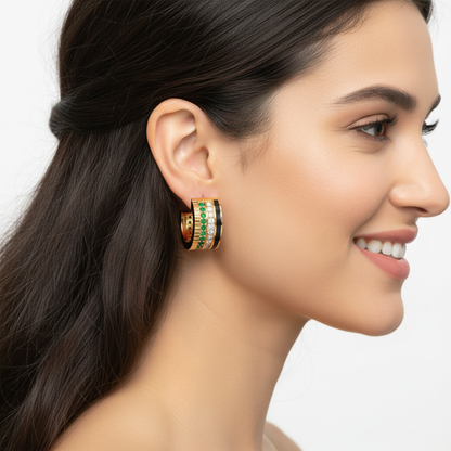 Emerald & Diamond Triple Row Hoop Earrings In White Gold With Black Enamel – Premium Statement Hoops | Jebij - Two