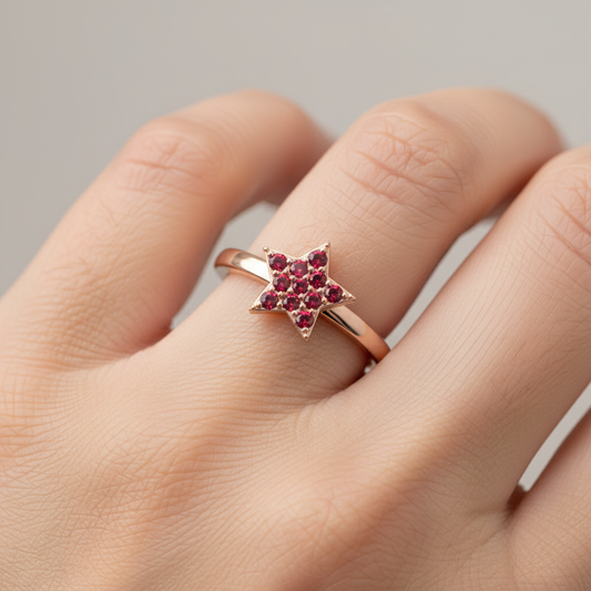 Red Garnet Star Cluster Ring In Rose Tone Setting - Two