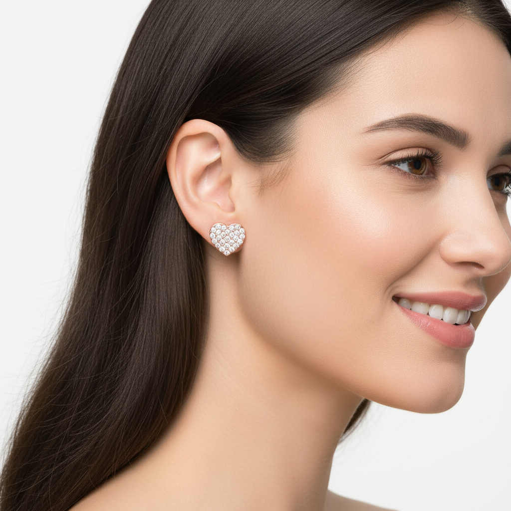 Pav Diamond Heart Stud Earrings - Two