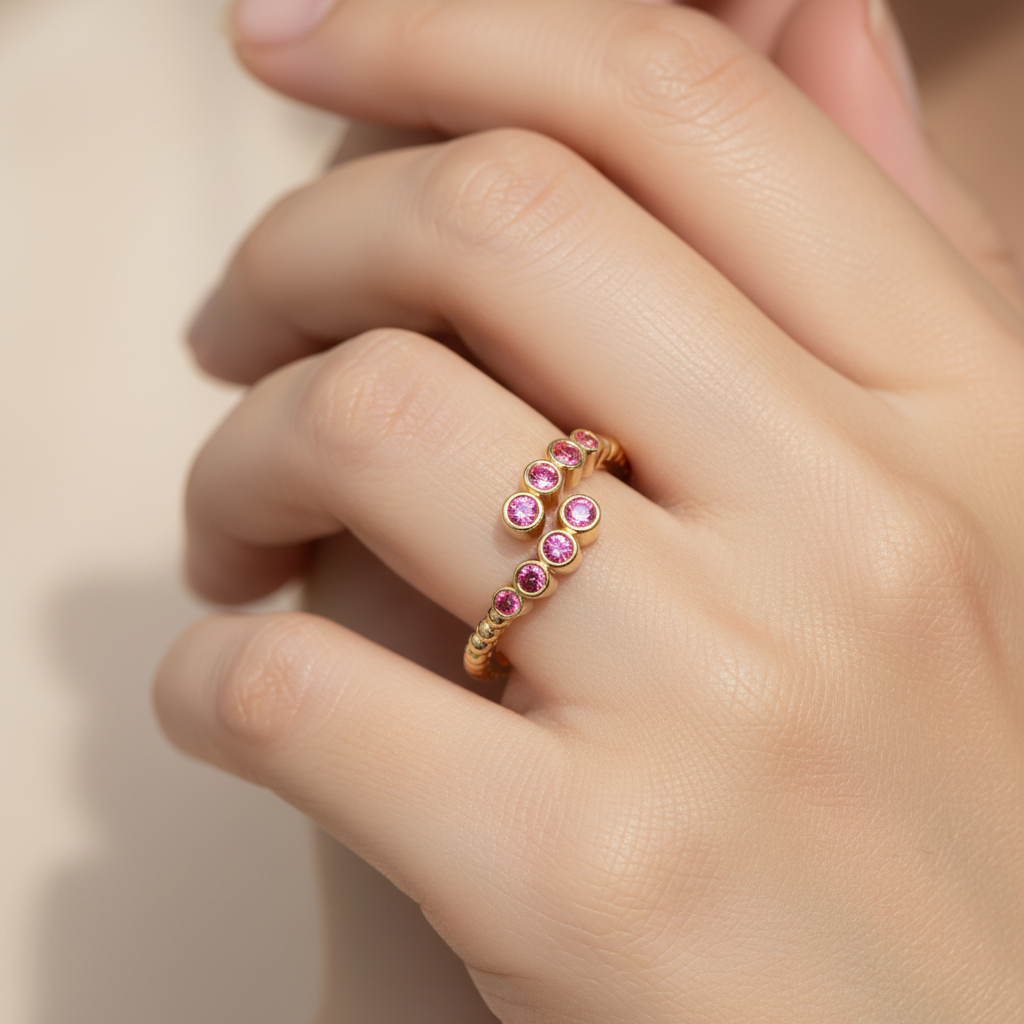 Pink Tourmaline Beaded Bypass Ring With Bezel Set Stones - Two