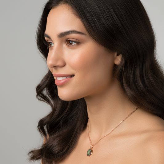 Personalized K Letter Pendant Necklace in Yellow Gold with Green Stones