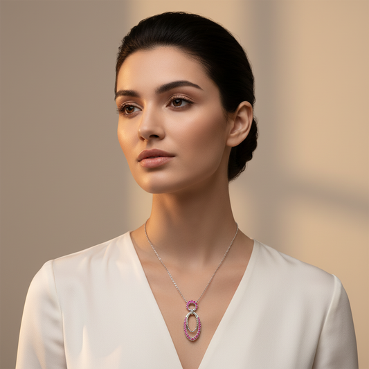 Ruby Oval Drop Pendant Necklace with Beaded Accents