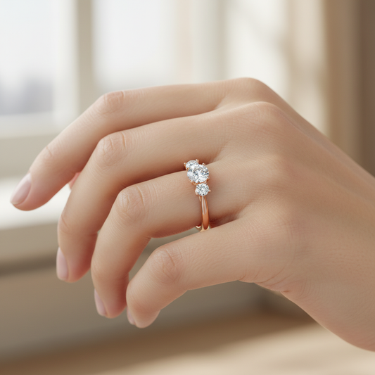 Rose Gold Three Stone Diamond Engagement Ring with Filigree Detail