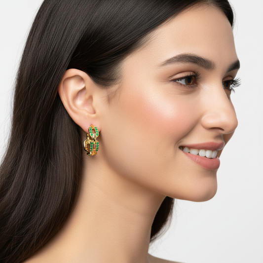 Emerald Chain Link Hoop Earrings With Screw Back Closure - Two