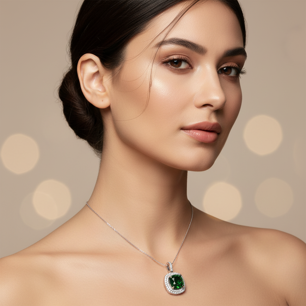 Green Cushion Cut Moissanite Halo Pendant In 925 Sterling Silver - Two