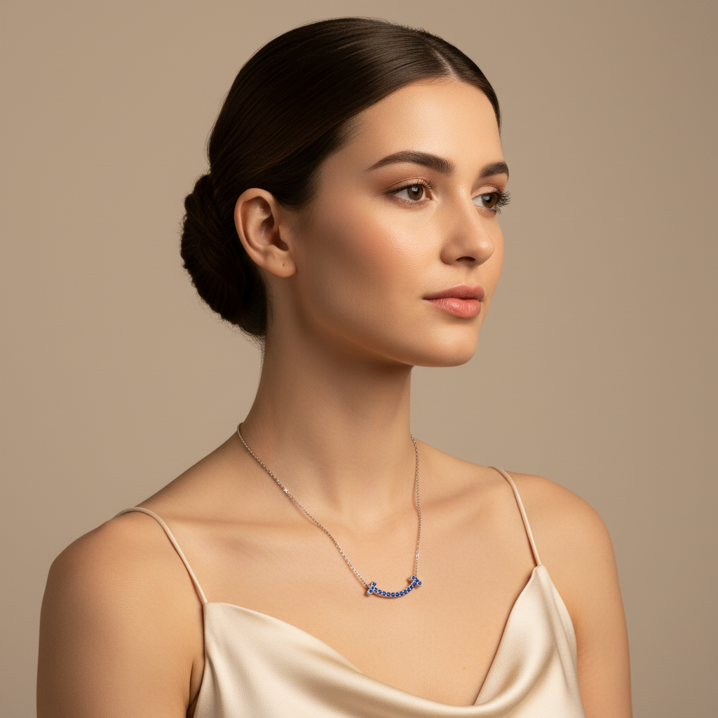 Blue Sapphire Curved Smile Bar Pendant Necklace - Two