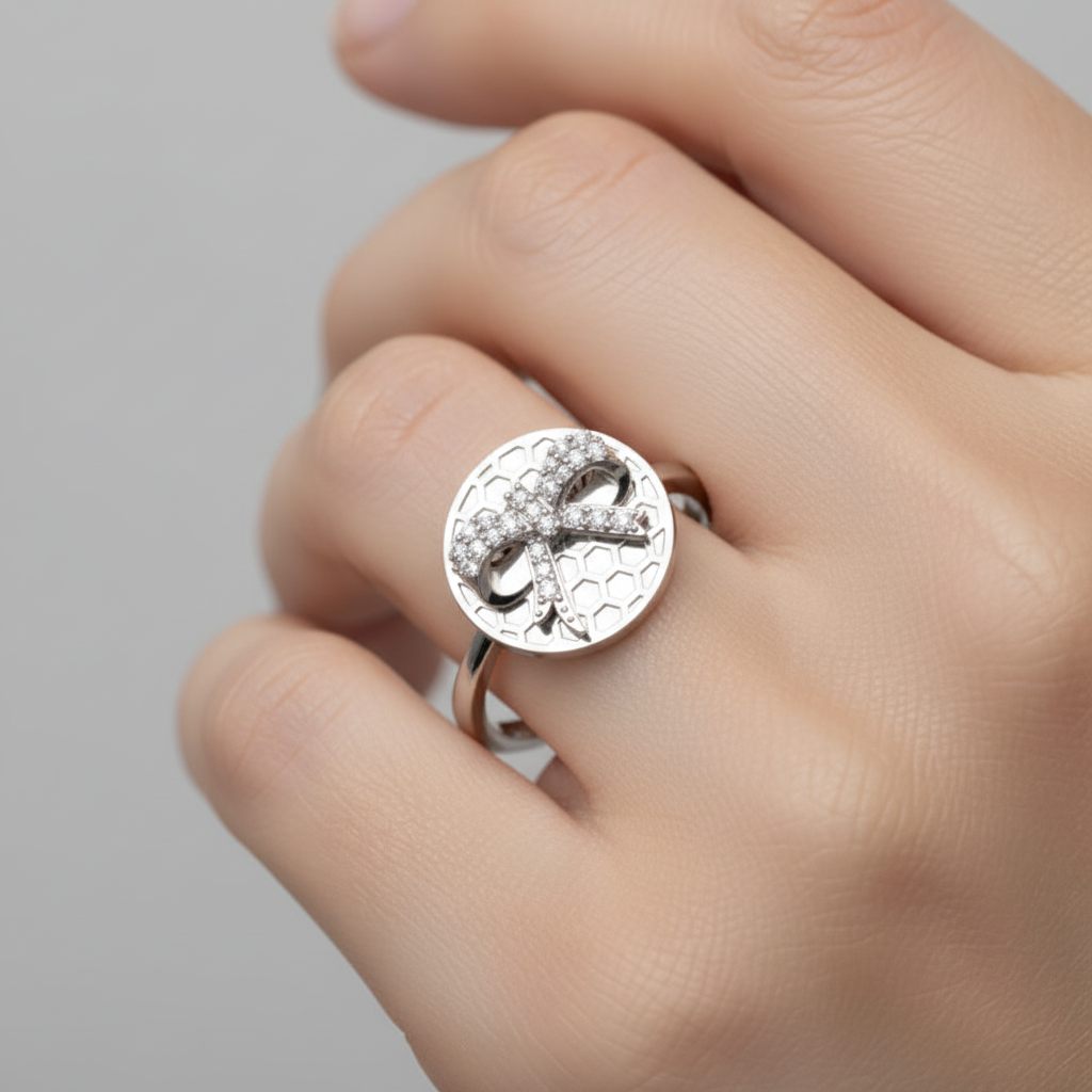 Honeycomb Disc Ring With Pav Bow Accent - Two