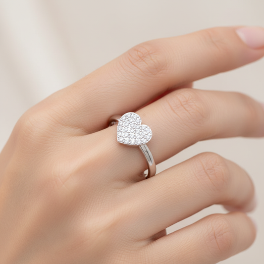 Pav Diamond Heart Ring Delicate Stackable Band - Two
