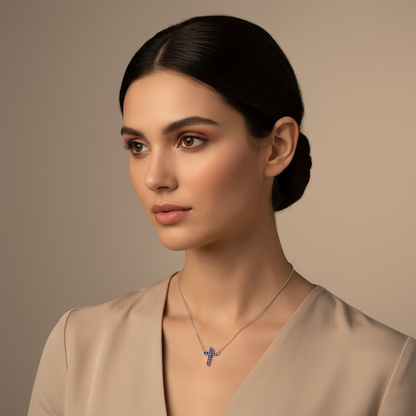 Blue Sapphire Cross Pendant Necklace With Chain - Two