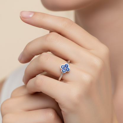 Blue Sapphire And Diamond Triple Flower Cluster Ring - Eight