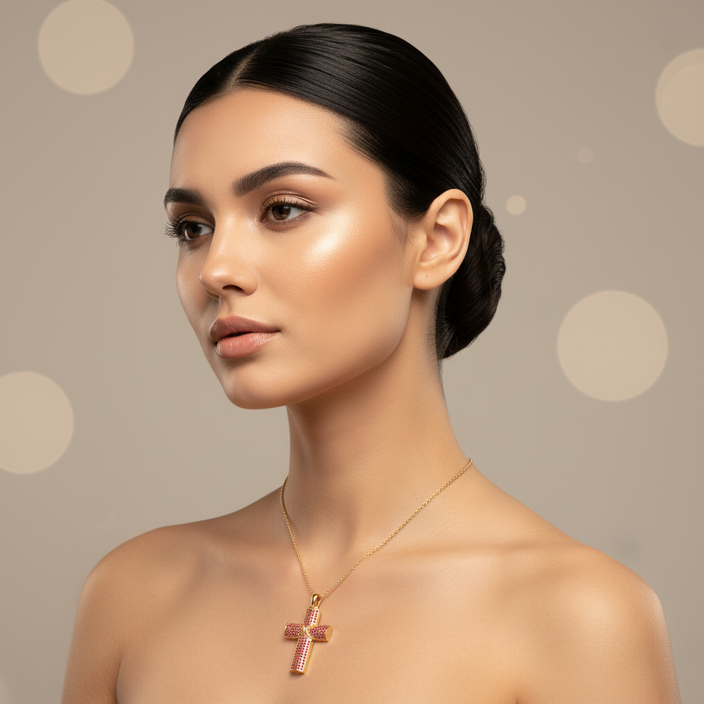 Ruby Pav Cross Pendant Necklace With Chain - Five