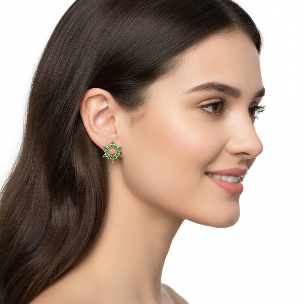 Emerald Star Burst Stud Earrings With Screw Back Closure - Two